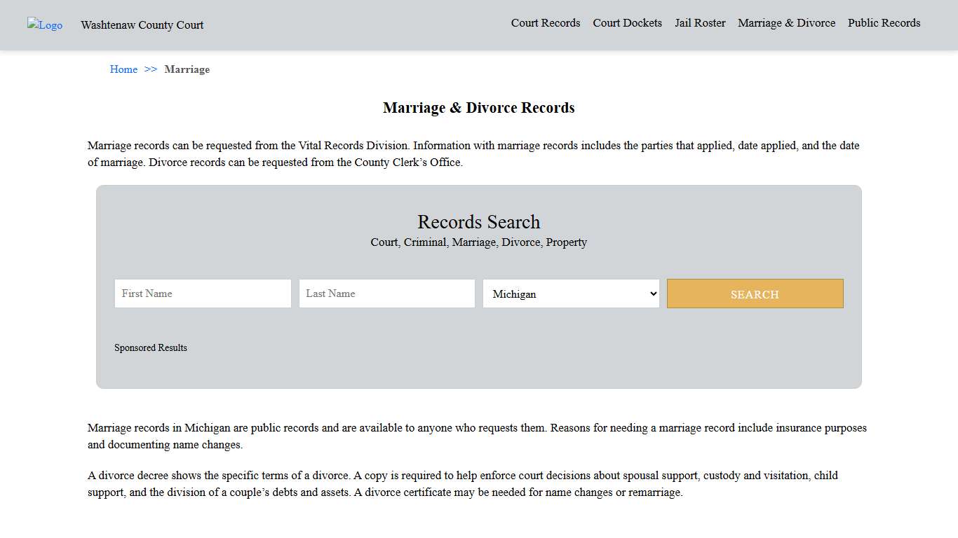 Marriage & Divorce Records Washtenaw County Court